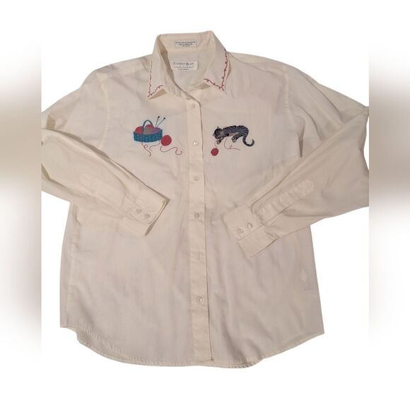 Vintage Northern Isles Cream Cat Embroidered women's Shirt - Picture 6 of 8